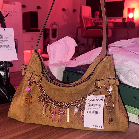 CHLOÉ Charms Camel Brown Suede Leather Gold Khaki Hobo Shoulder Bag Handbag - Picture 3 of 13